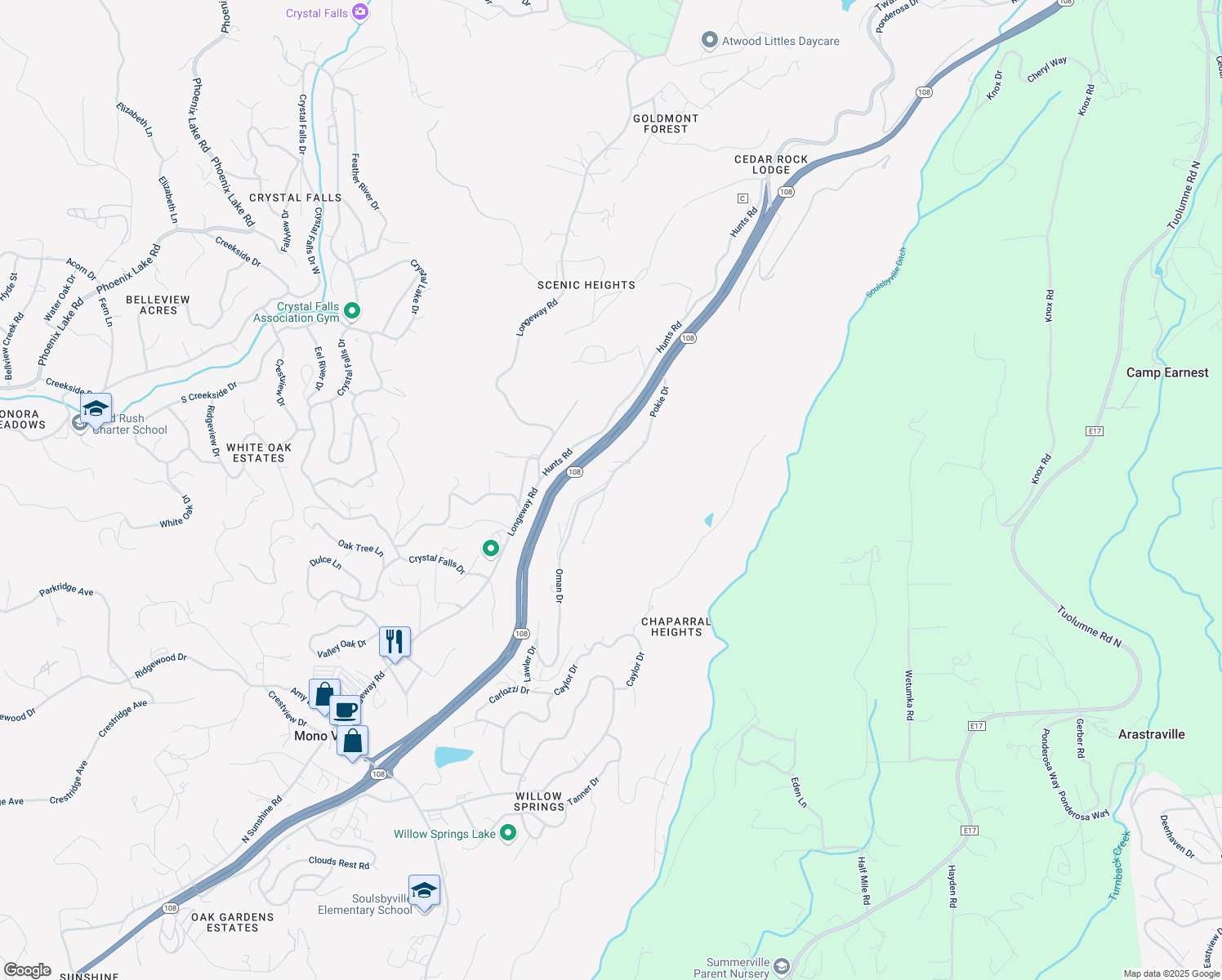 map of restaurants, bars, coffee shops, grocery stores, and more near 21279 Oman Drive in Soulsbyville