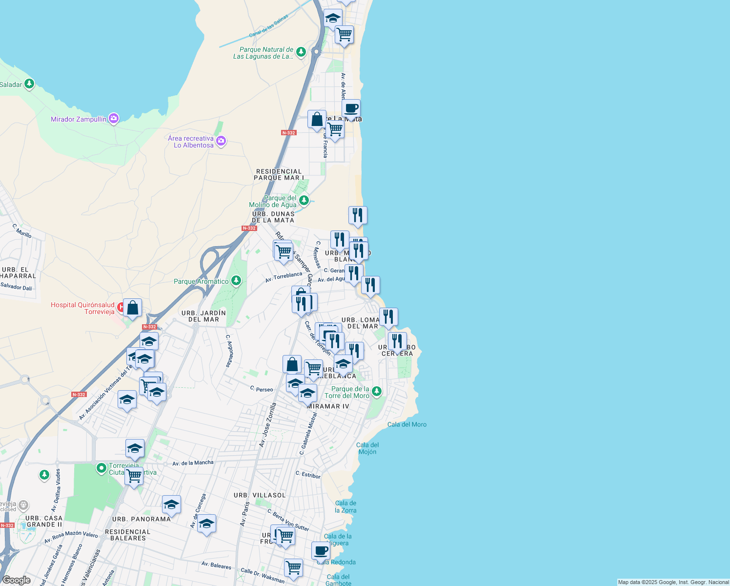 map of restaurants, bars, coffee shops, grocery stores, and more near Avenida del Agua in Torrevieja