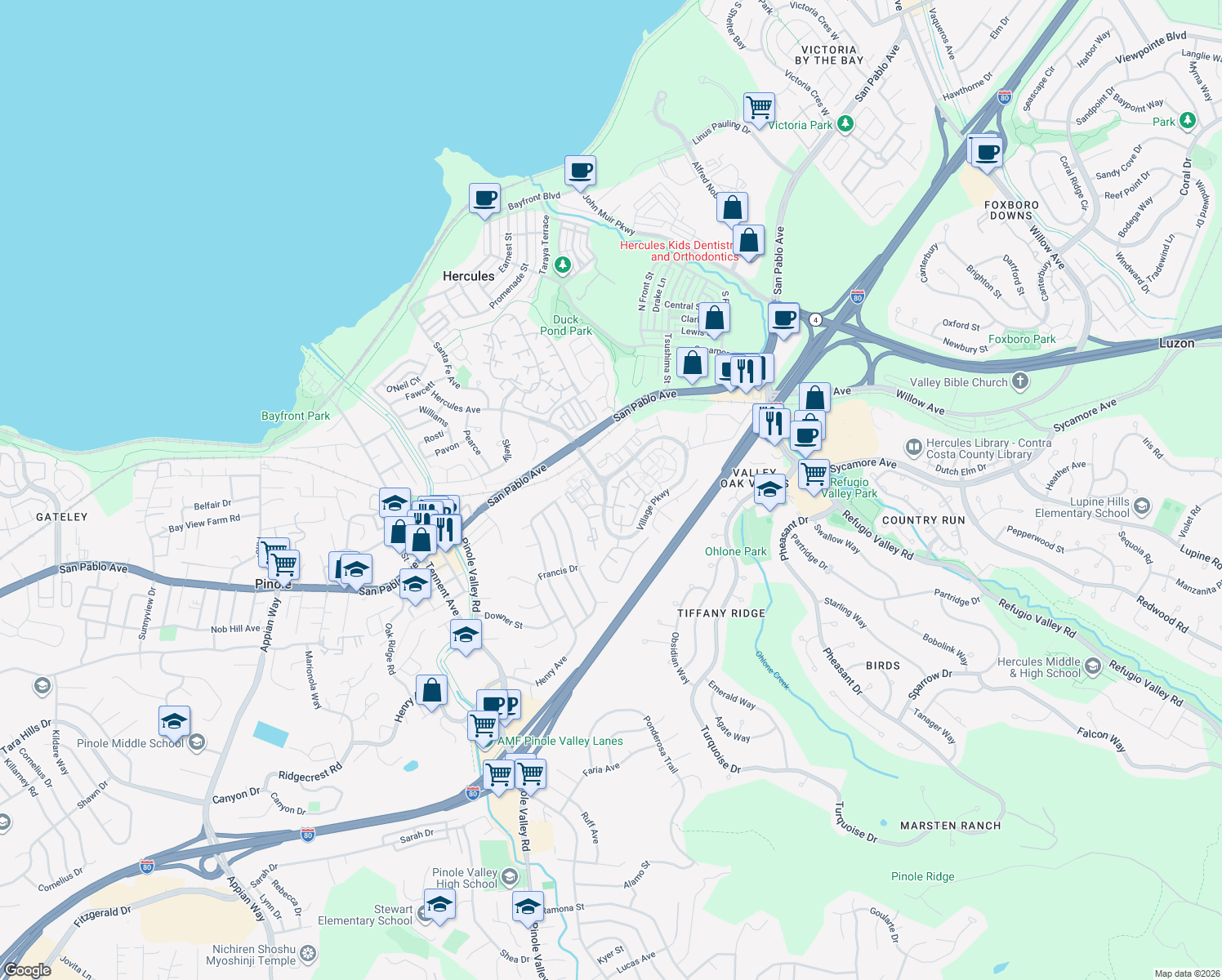 map of restaurants, bars, coffee shops, grocery stores, and more near 140 South Wildwood in Hercules