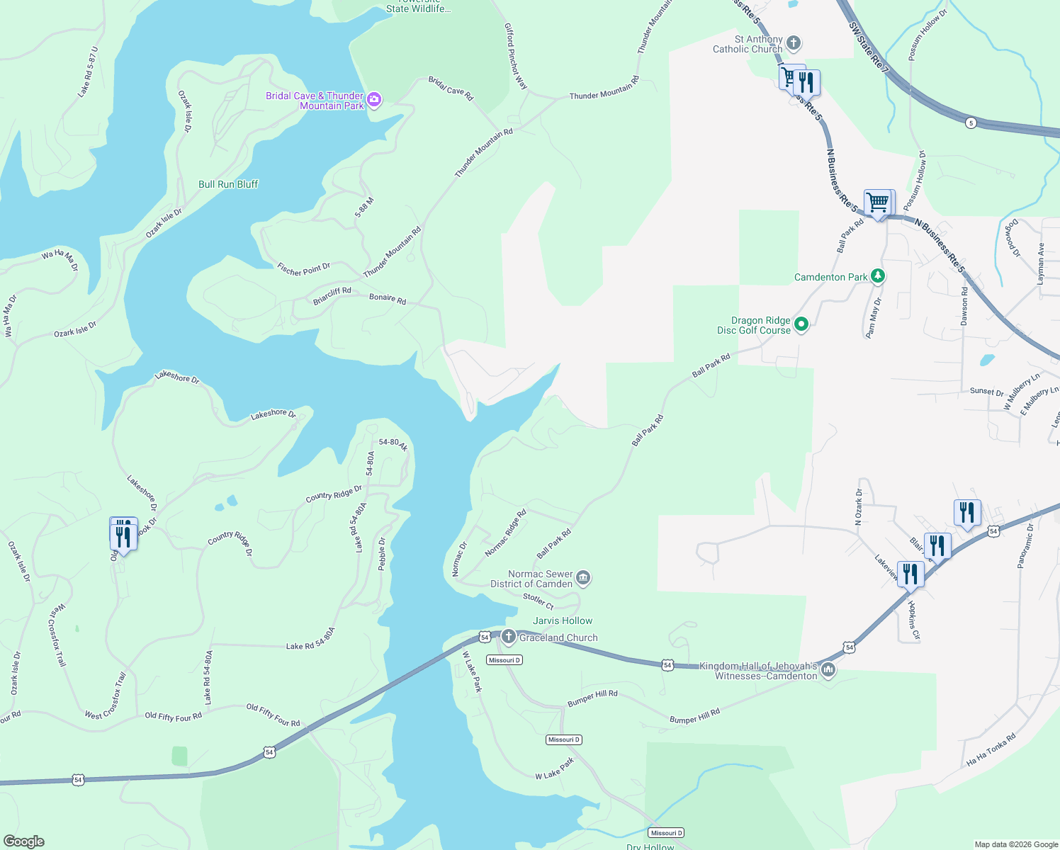 map of restaurants, bars, coffee shops, grocery stores, and more near Lake Road 5-88 in Camdenton