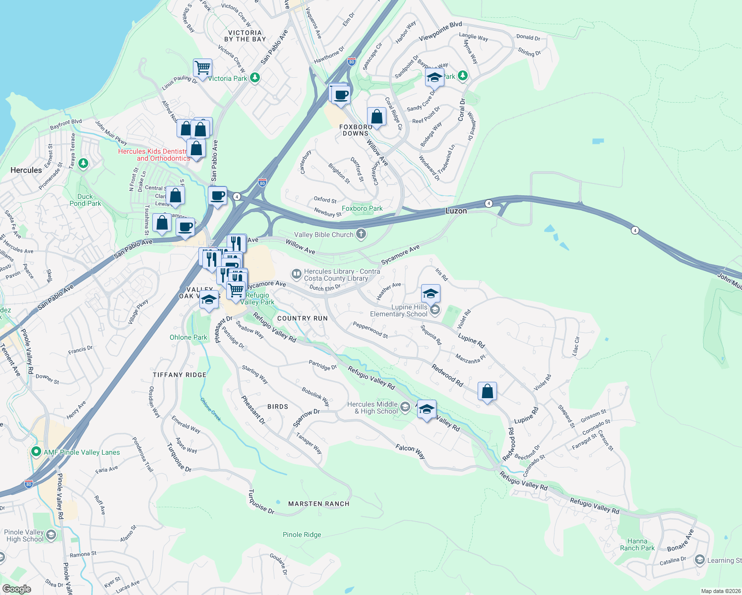 map of restaurants, bars, coffee shops, grocery stores, and more near 112 Aster Court in Hercules