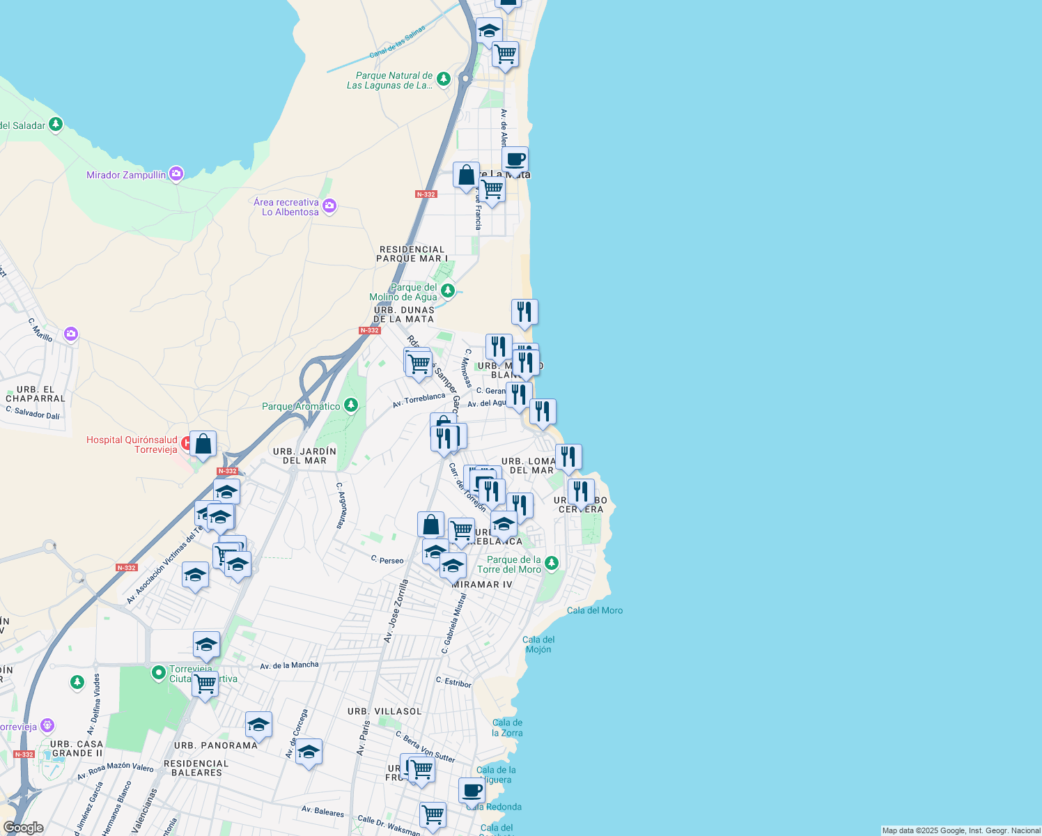 map of restaurants, bars, coffee shops, grocery stores, and more near 16 Avenida del Agua in Torrevieja
