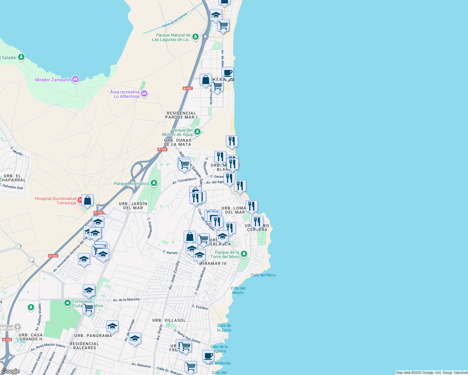 map of restaurants, bars, coffee shops, grocery stores, and more near Avenida del Agua in Torrevieja