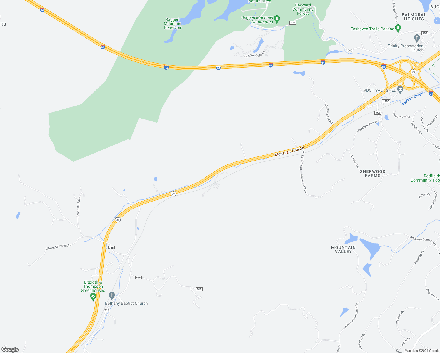 map of restaurants, bars, coffee shops, grocery stores, and more near 985 Britts Mountain Hollow in Charlottesville