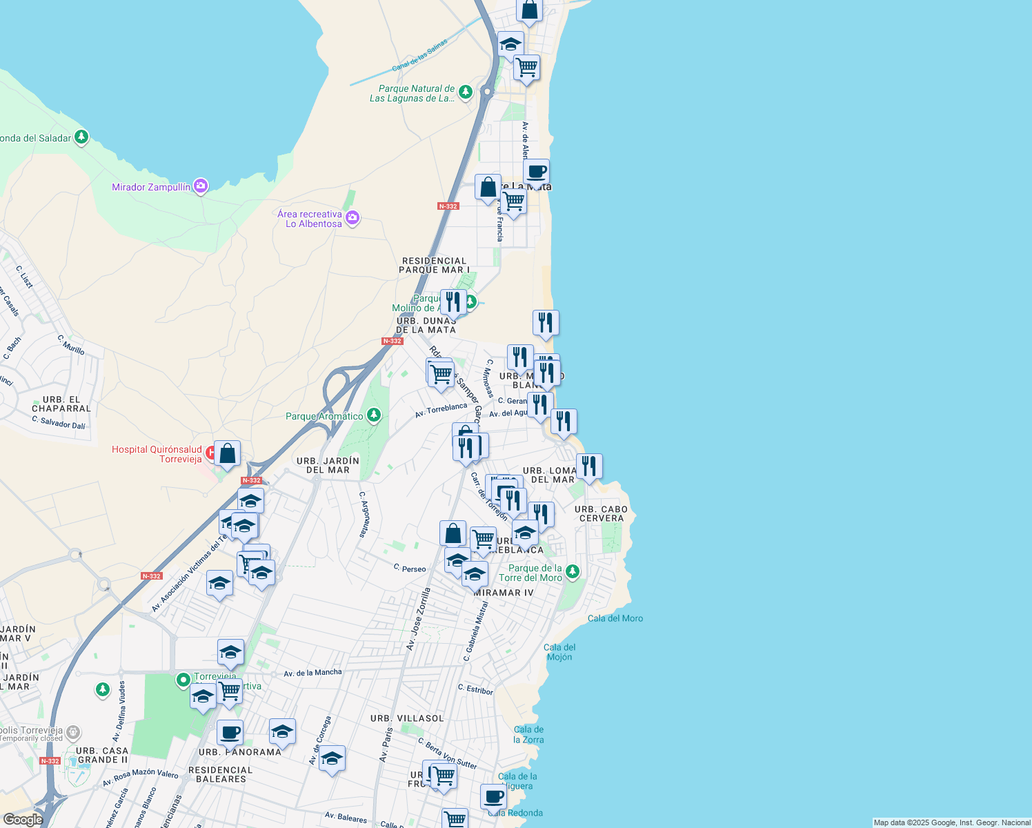 map of restaurants, bars, coffee shops, grocery stores, and more near Avenida del Agua in Torrevieja