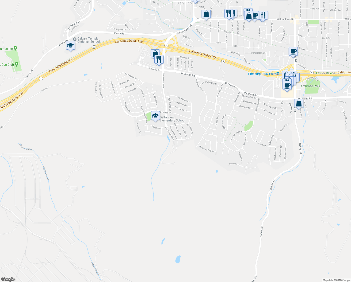 map of restaurants, bars, coffee shops, grocery stores, and more near 1901 Rosa Blanca Drive in Pittsburg
