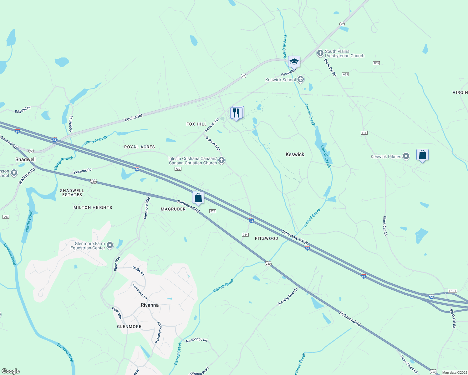 map of restaurants, bars, coffee shops, grocery stores, and more near 3815 Everettsville Lane in Keswick