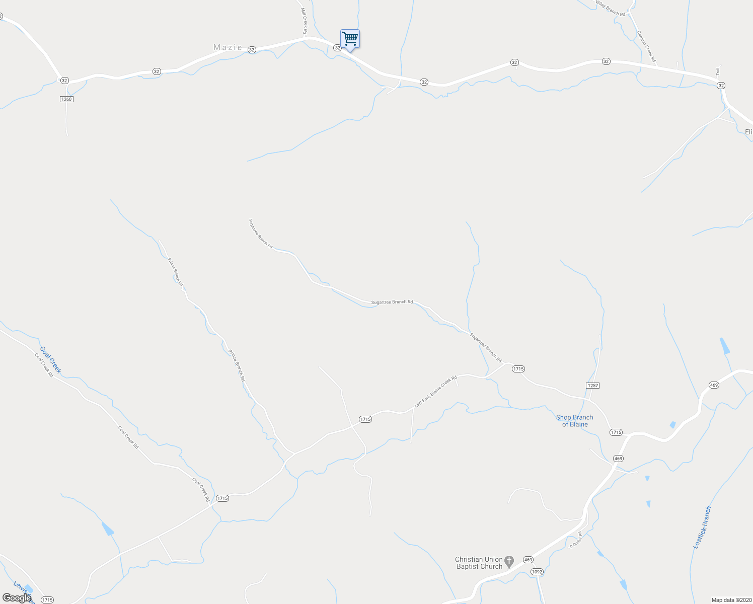 map of restaurants, bars, coffee shops, grocery stores, and more near Sugartree Branch Road in Martha