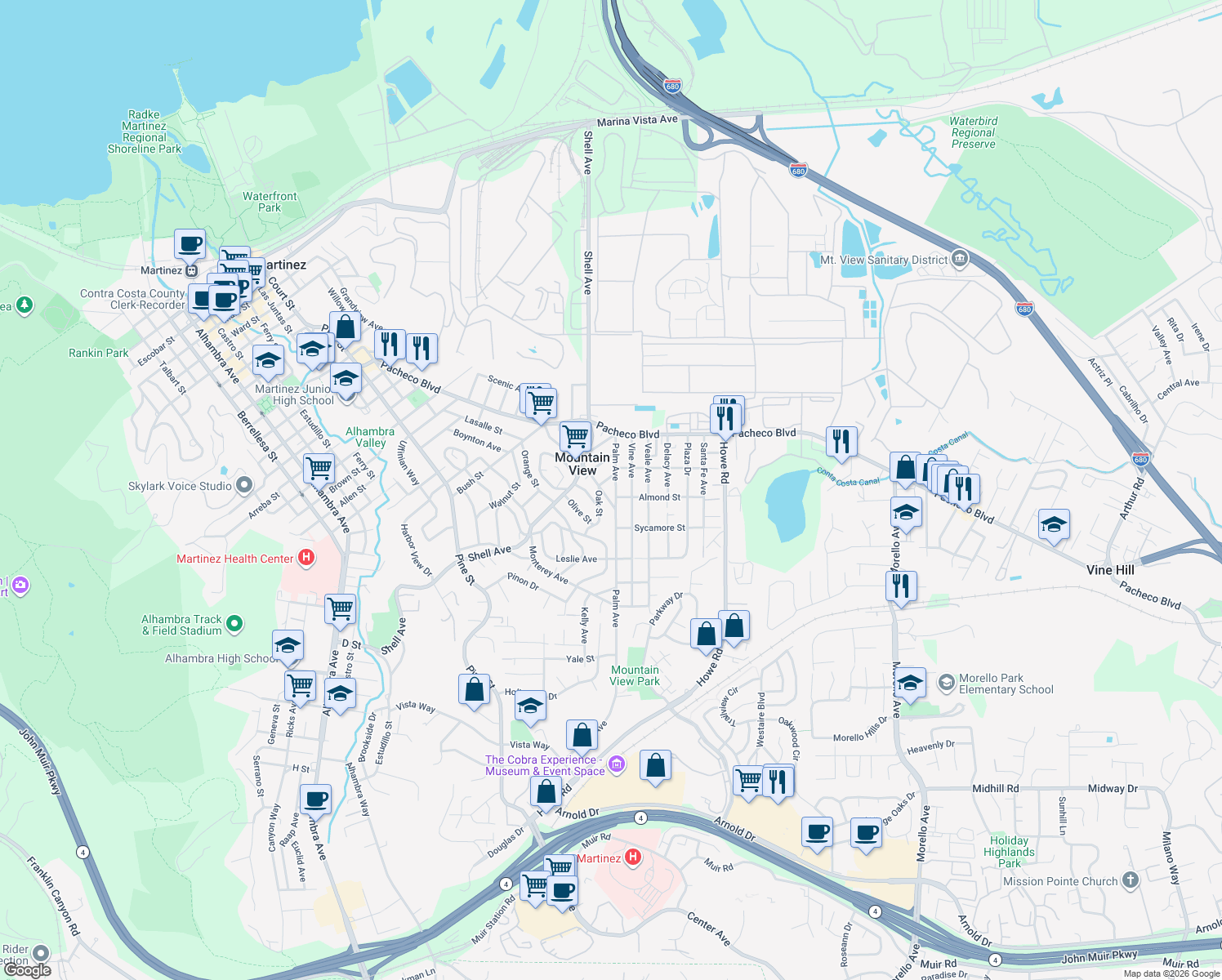 map of restaurants, bars, coffee shops, grocery stores, and more near 1231 Palm Ave in Martinez