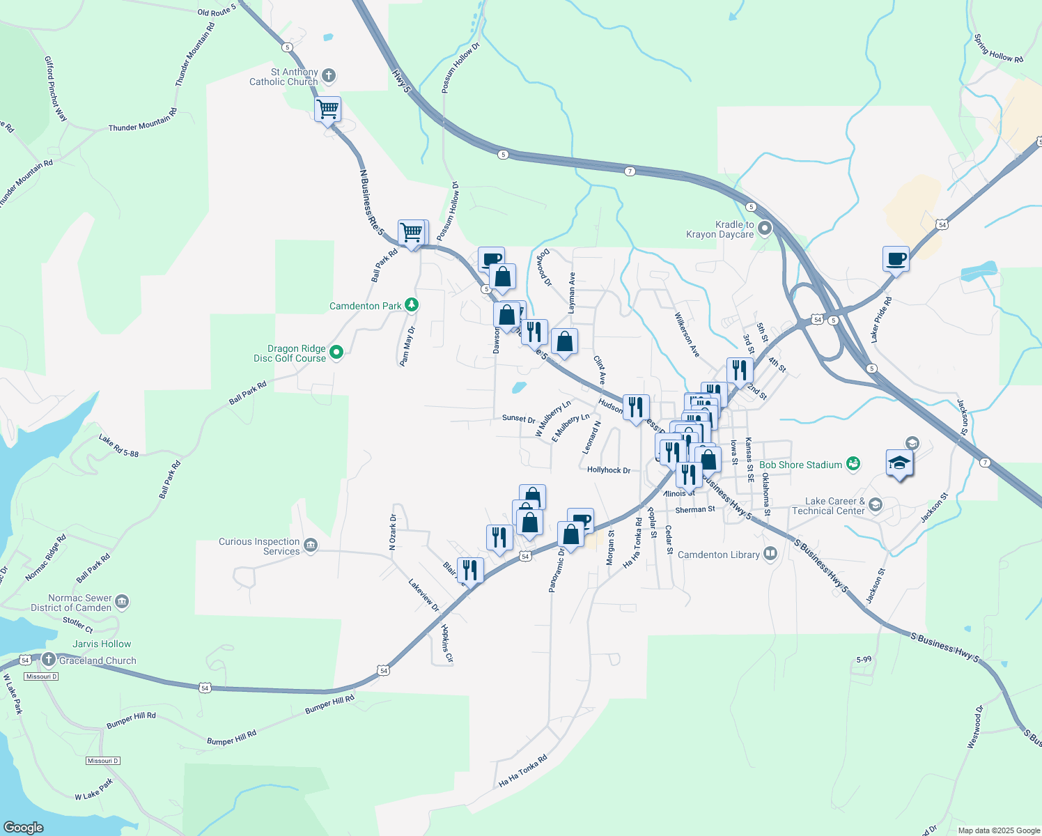 map of restaurants, bars, coffee shops, grocery stores, and more near 114 Sunset Drive in Camdenton
