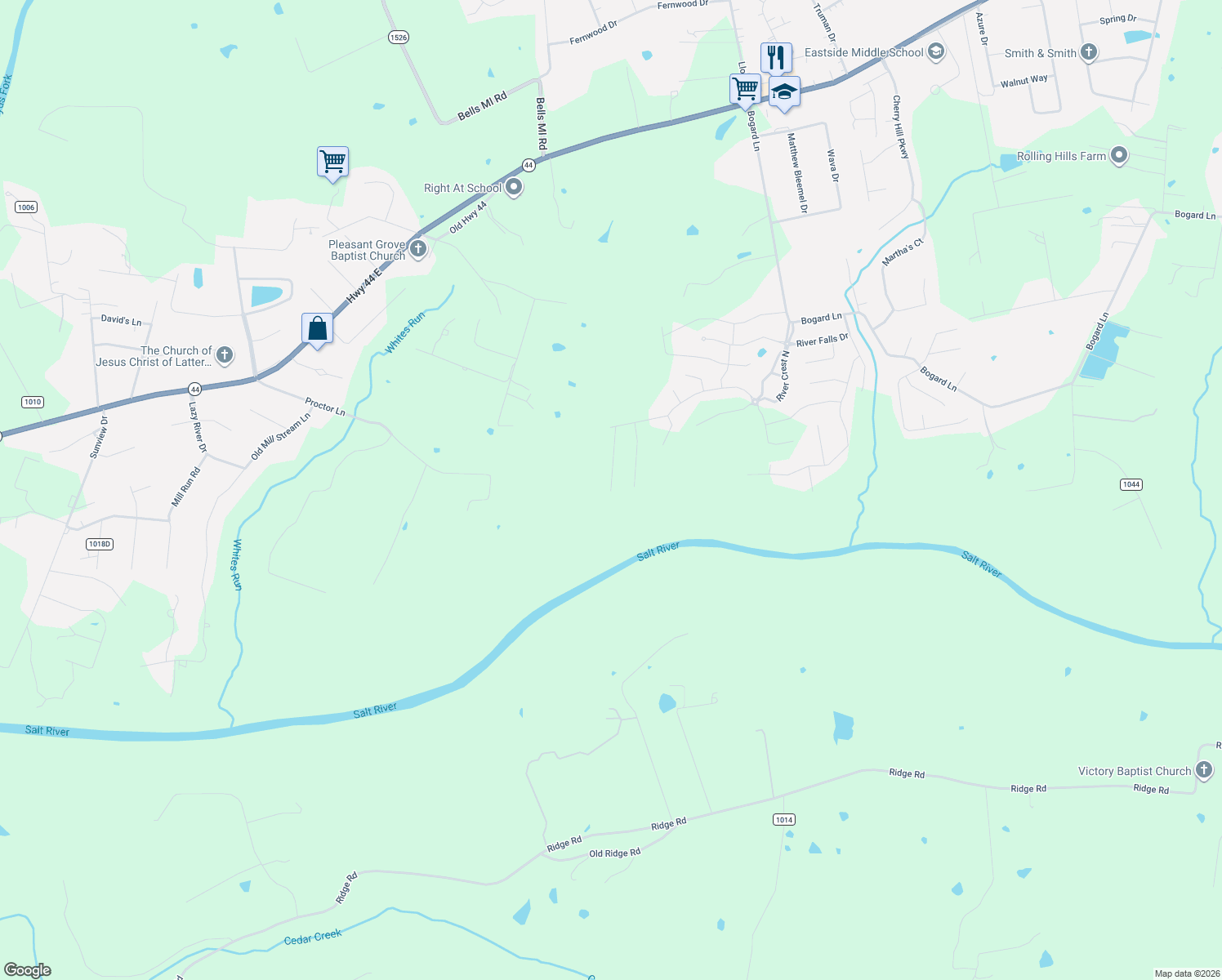 map of restaurants, bars, coffee shops, grocery stores, and more near 880 Proctor Lane in Shepherdsville