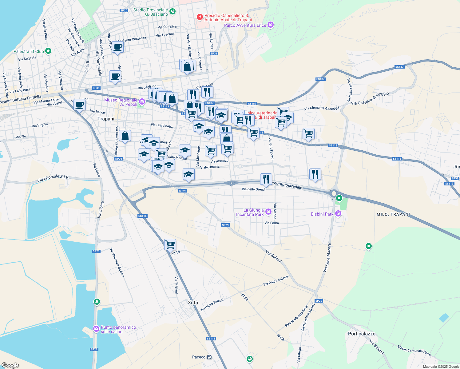 map of restaurants, bars, coffee shops, grocery stores, and more near Raccordo Autostradale in Trapani