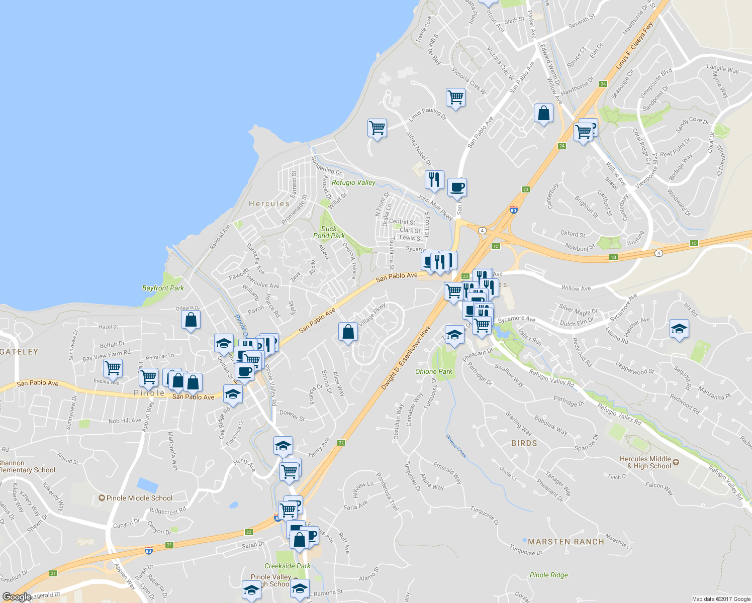 map of restaurants, bars, coffee shops, grocery stores, and more near 806 Devonwood in Hercules