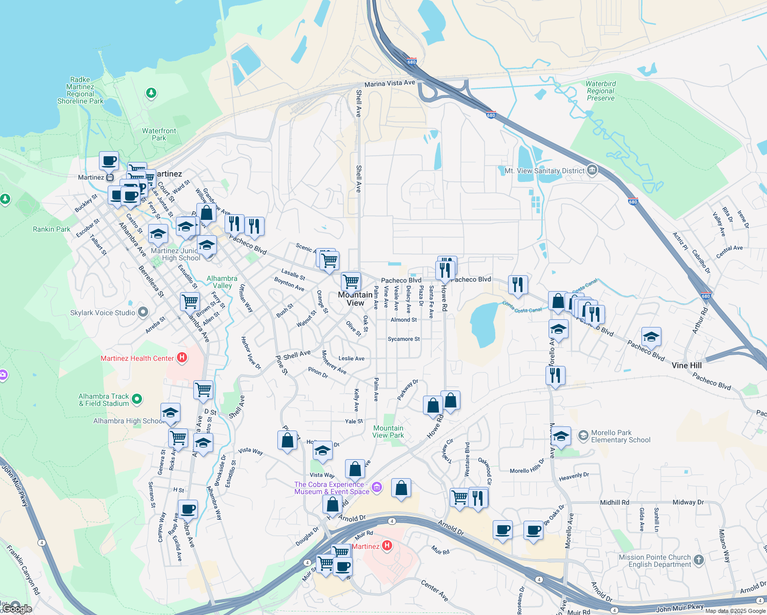 map of restaurants, bars, coffee shops, grocery stores, and more near 1255 Vine Ave in Martinez