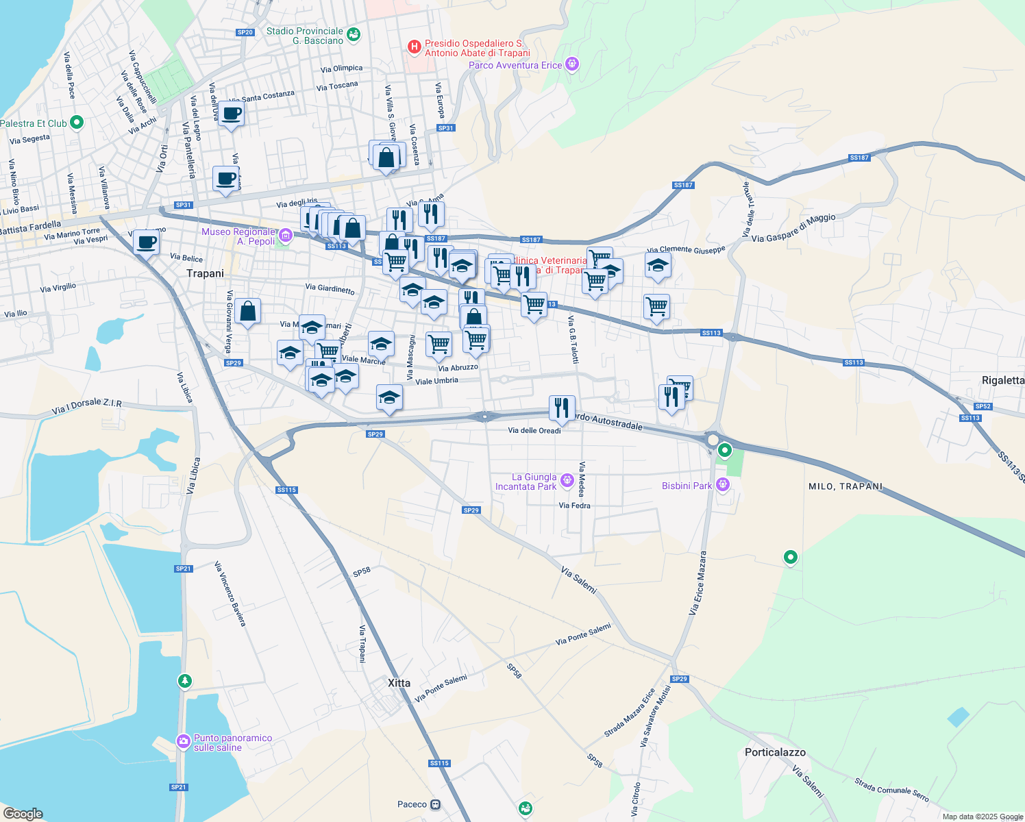 map of restaurants, bars, coffee shops, grocery stores, and more near Raccordo Autostradale in Trapani