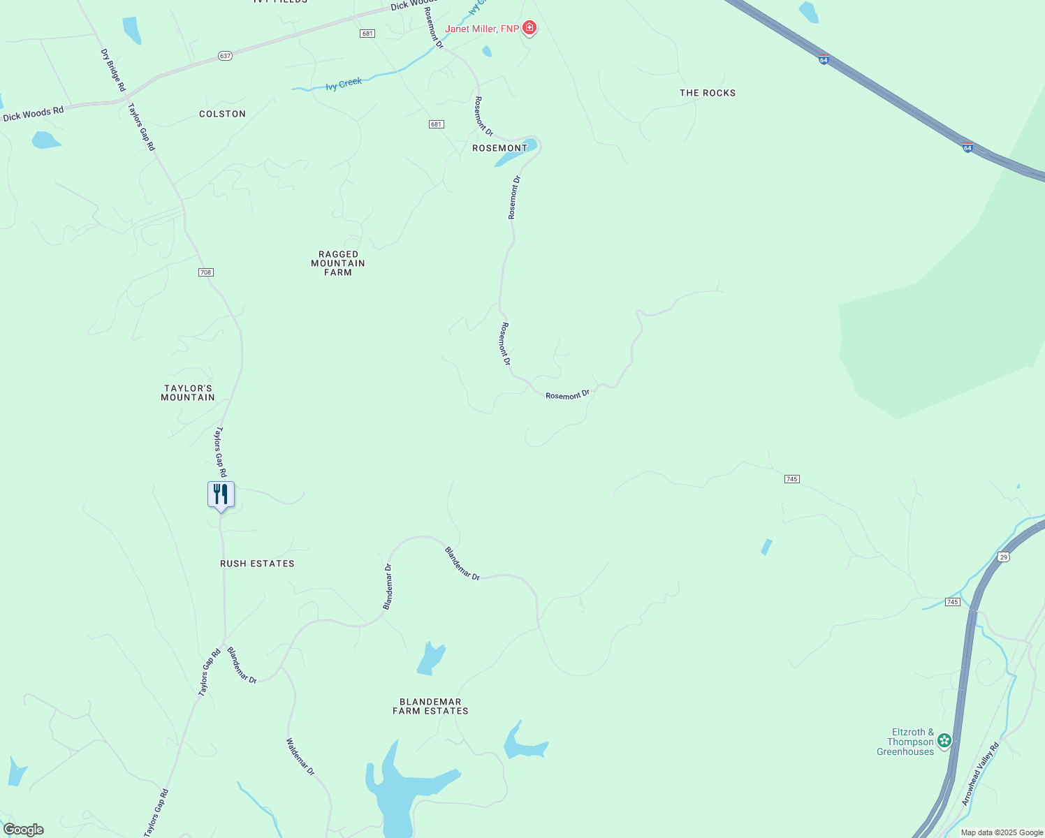 map of restaurants, bars, coffee shops, grocery stores, and more near 3150 Pryors Mountain Lane in Charlottesville