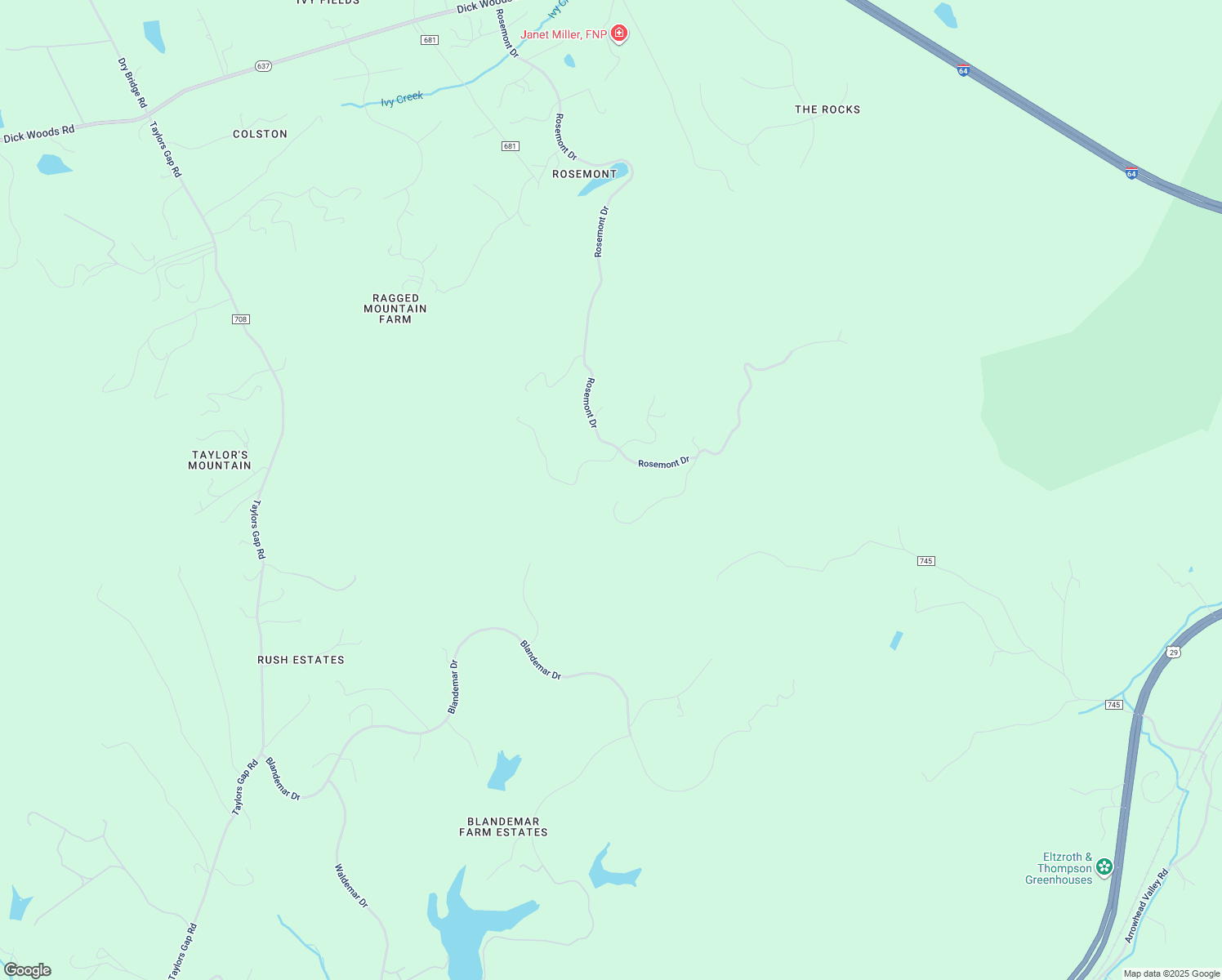 map of restaurants, bars, coffee shops, grocery stores, and more near 3150 Pryors Mountain Lane in Charlottesville