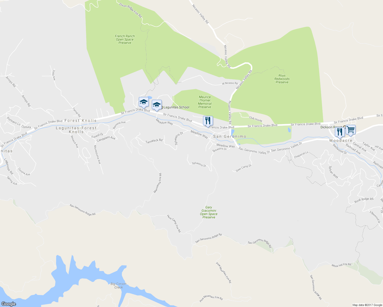 map of restaurants, bars, coffee shops, grocery stores, and more near 20 Forester Lane in San Geronimo