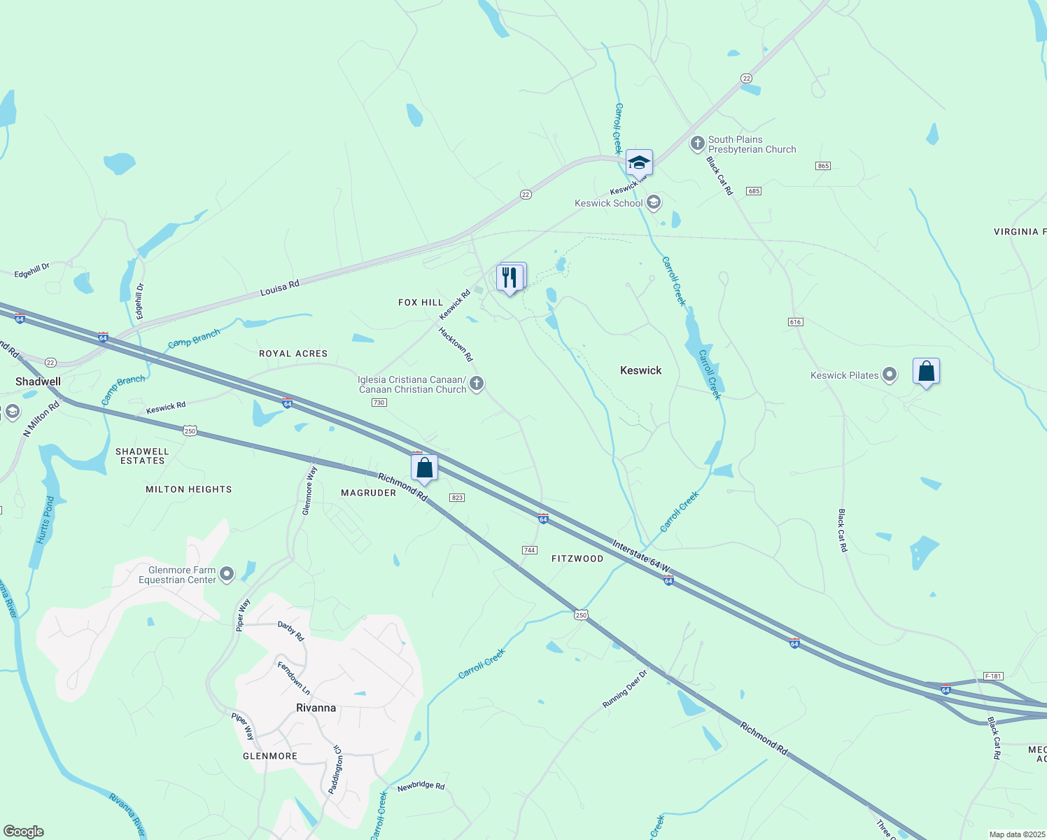 map of restaurants, bars, coffee shops, grocery stores, and more near 945 Hacktown Road in Keswick