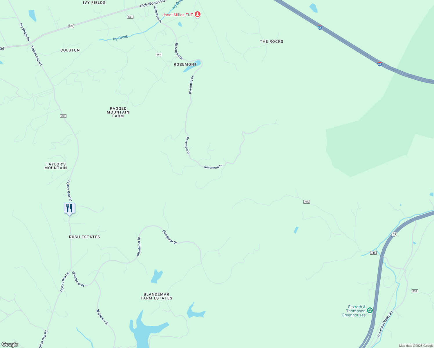 map of restaurants, bars, coffee shops, grocery stores, and more near 3050 Pryors Mountain Lane in Charlottesville