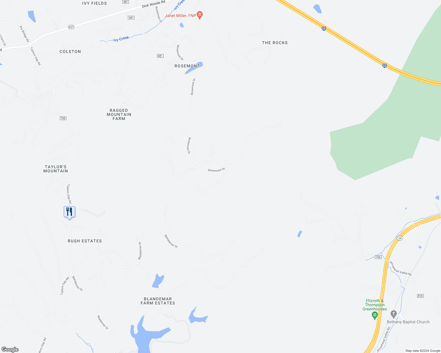 map of restaurants, bars, coffee shops, grocery stores, and more near 3050 Pryors Mountain Lane in Charlottesville