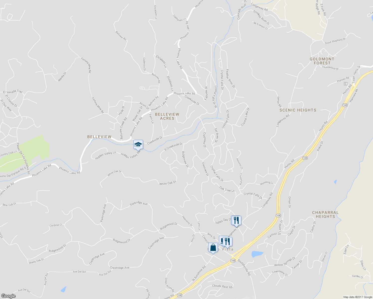 map of restaurants, bars, coffee shops, grocery stores, and more near 21429 Ridgeview Drive in Sonora