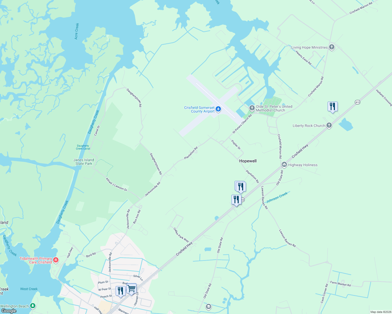 map of restaurants, bars, coffee shops, grocery stores, and more near 4695 Jacksonville Rd in Crisfield