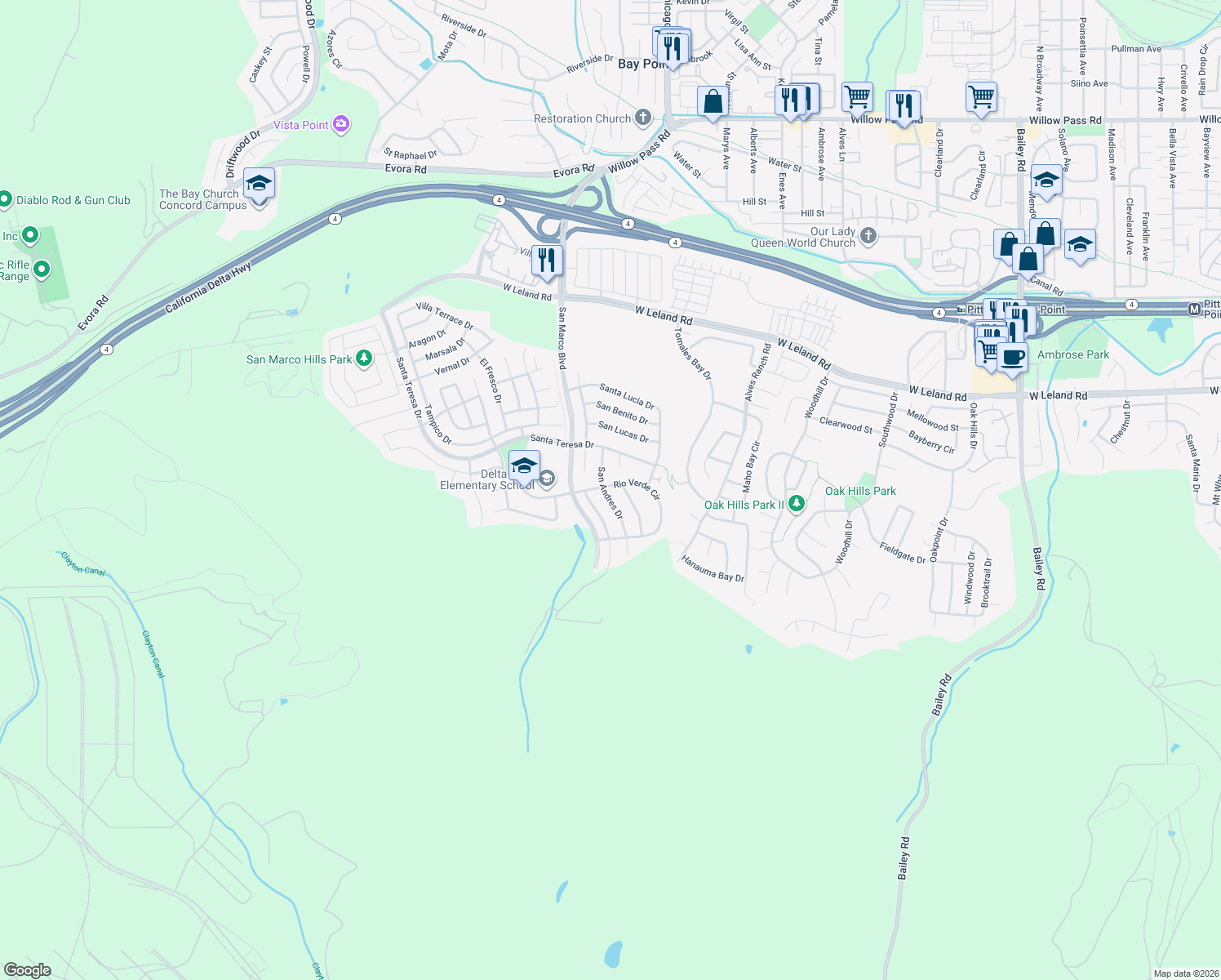 map of restaurants, bars, coffee shops, grocery stores, and more near 1804 San Andres Dr in Pittsburg