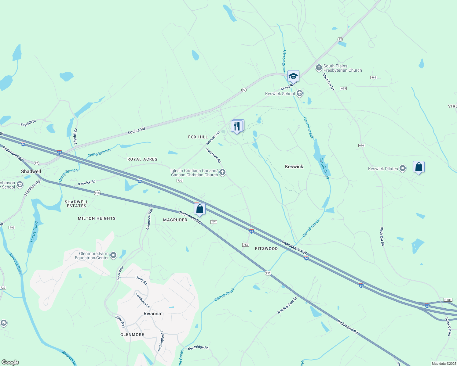 map of restaurants, bars, coffee shops, grocery stores, and more near 890 Hacktown Road in Keswick
