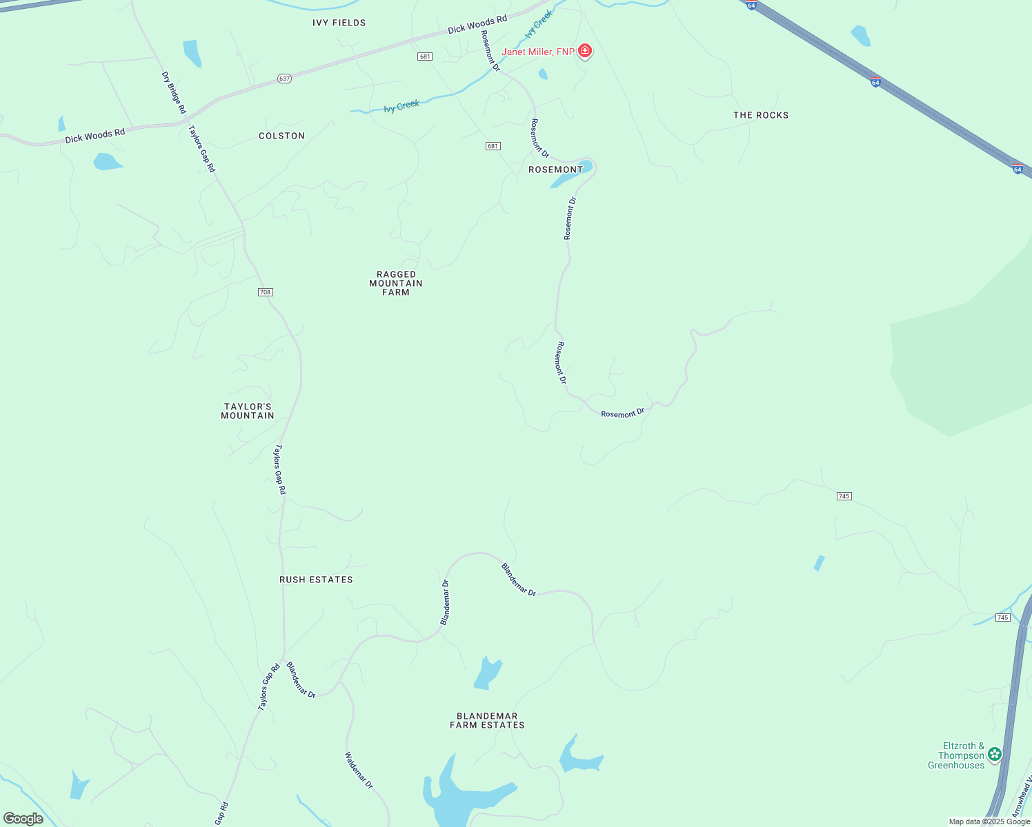map of restaurants, bars, coffee shops, grocery stores, and more near 3285 Woodson Mountain Lane in Charlottesville