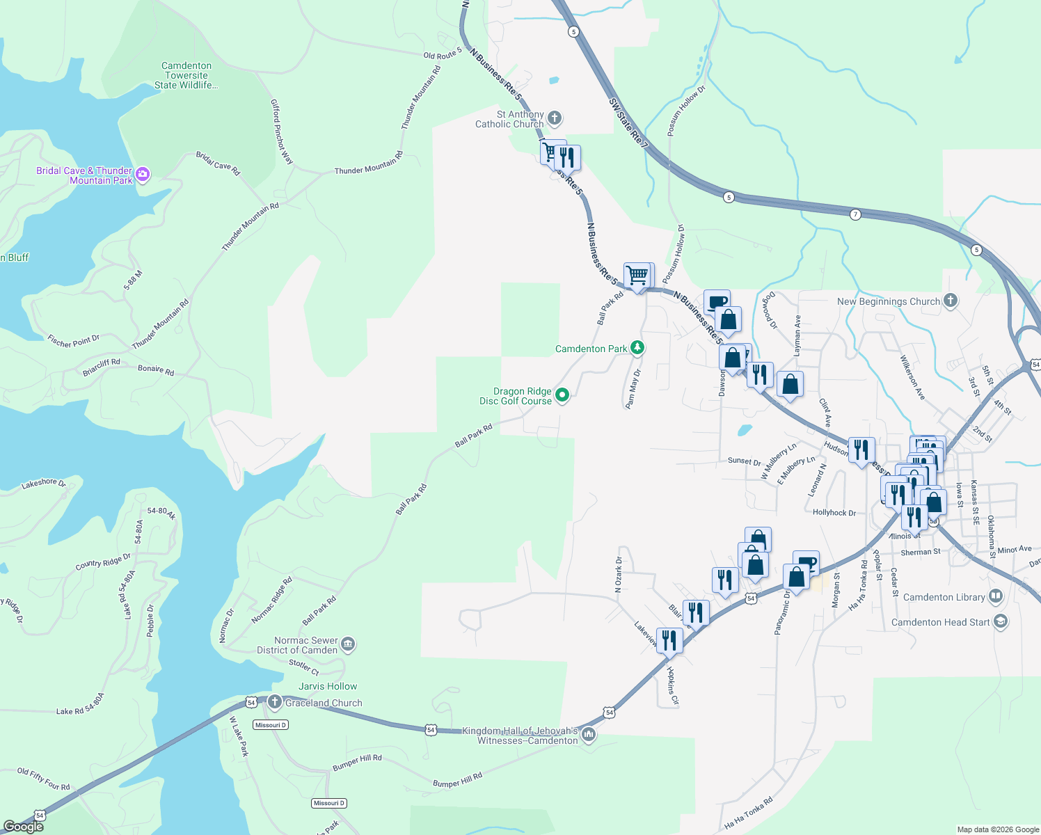 map of restaurants, bars, coffee shops, grocery stores, and more near 555 Ball Park Rd in Camdenton