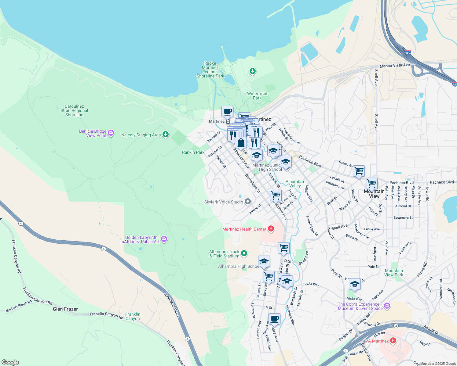 map of restaurants, bars, coffee shops, grocery stores, and more near 1042 West Arlington Street in Martinez