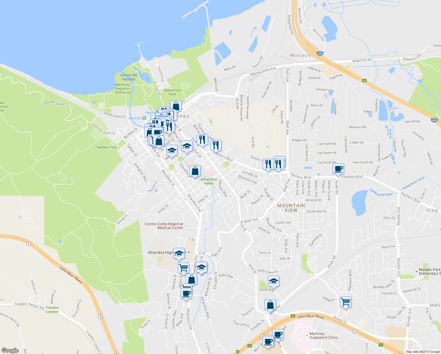 map of restaurants, bars, coffee shops, grocery stores, and more near 1830 Pine Street in Martinez