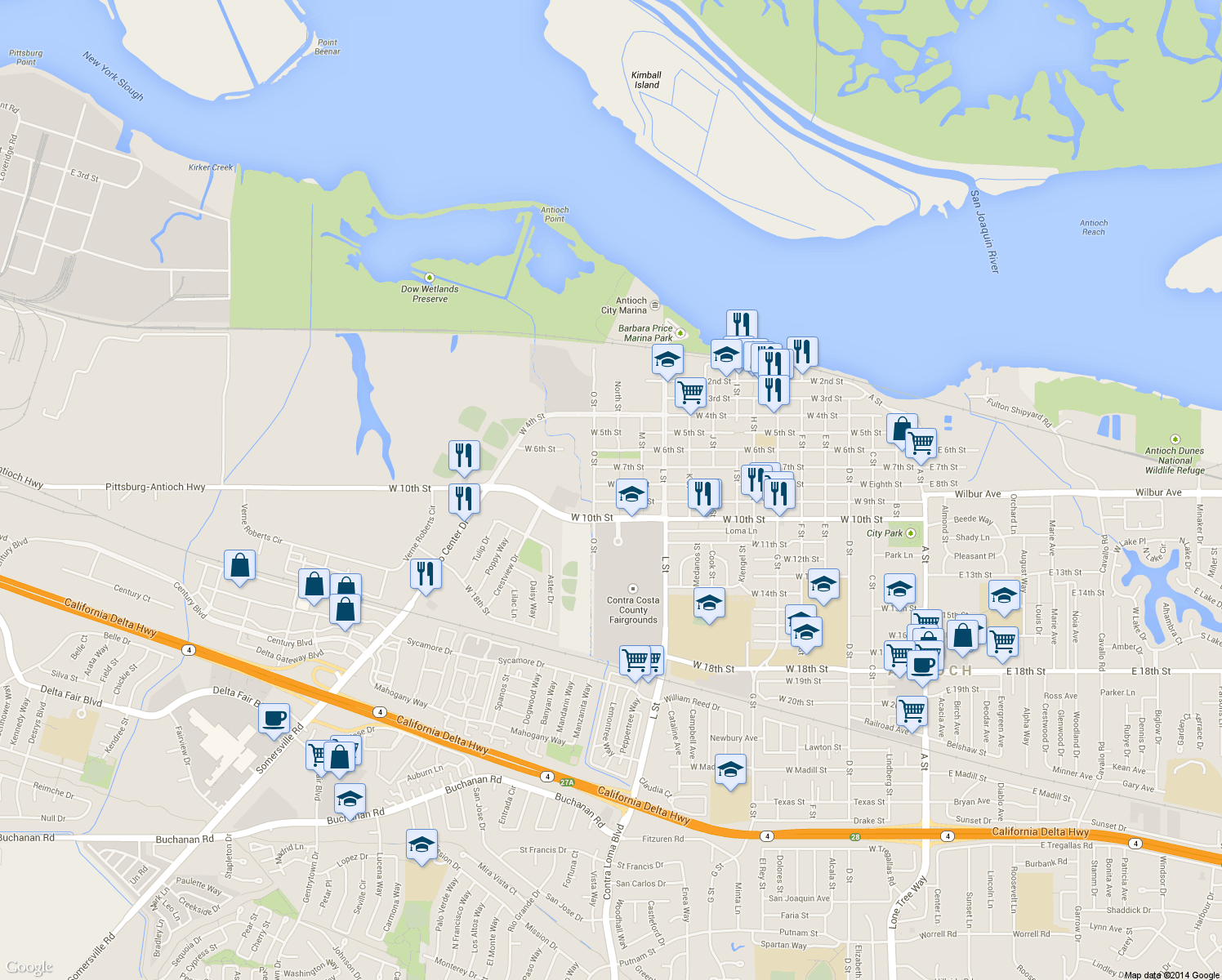 map of restaurants, bars, coffee shops, grocery stores, and more near 1307 West Eighth Street in Antioch