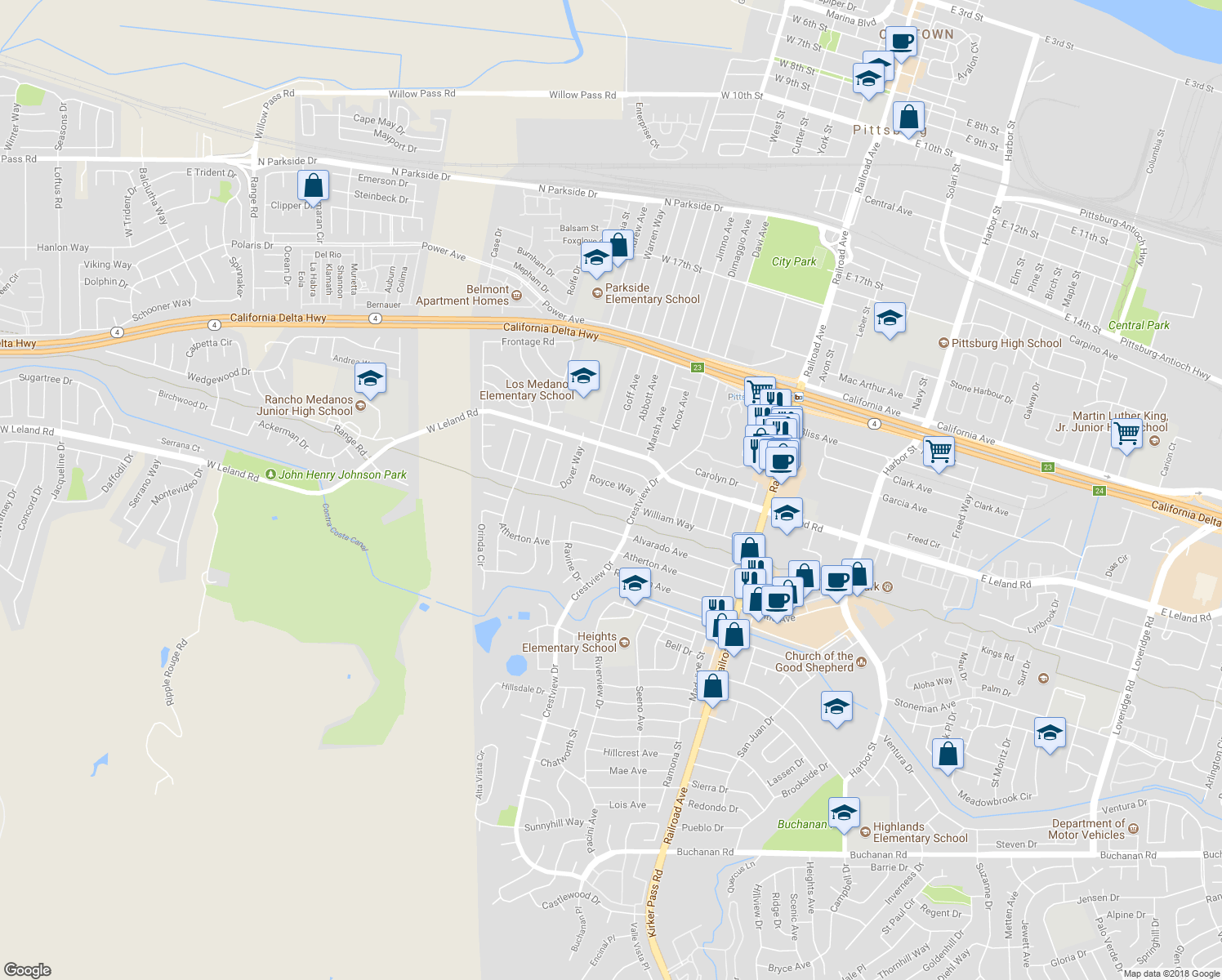 map of restaurants, bars, coffee shops, grocery stores, and more near 249 Royce Way in Pittsburg