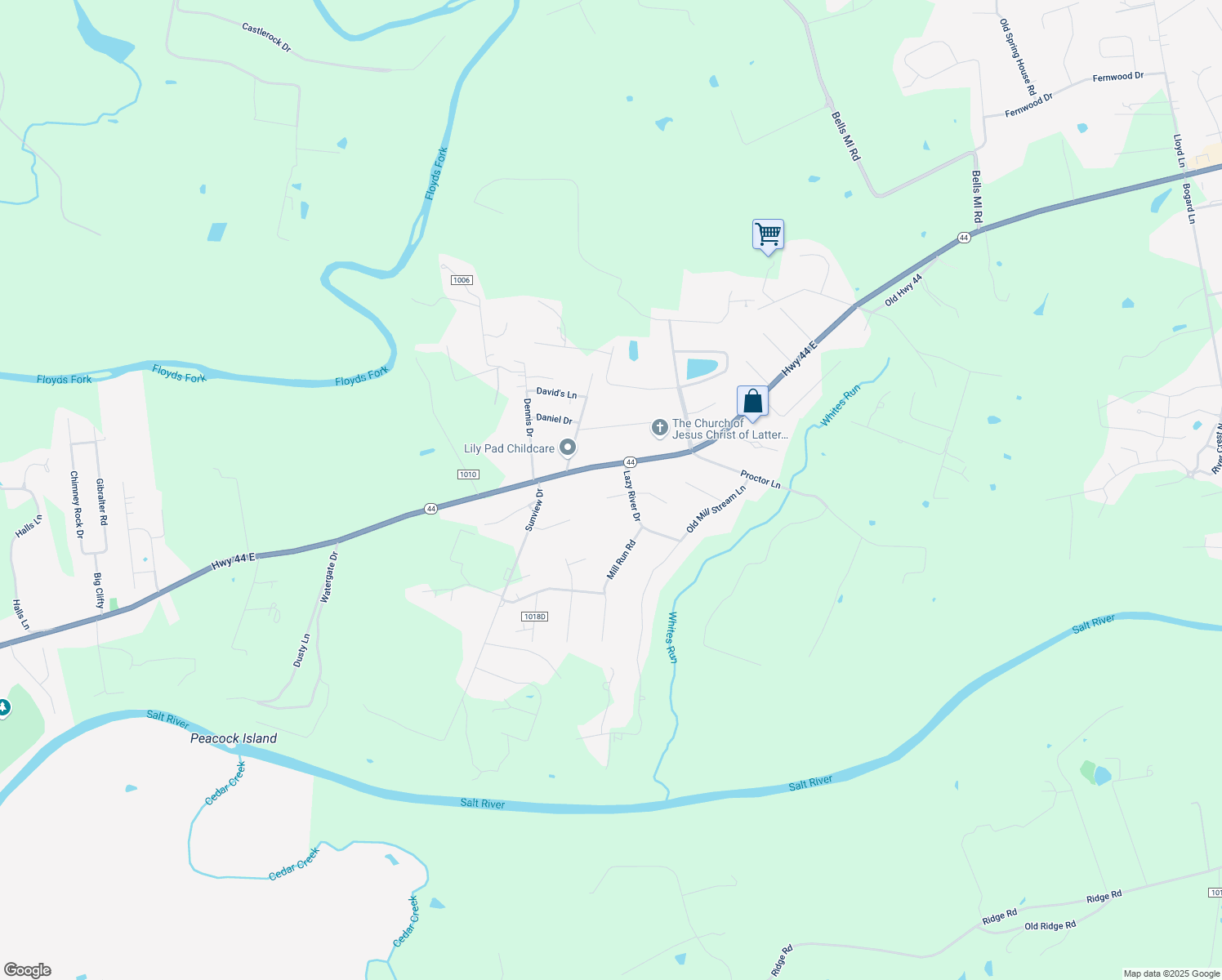 map of restaurants, bars, coffee shops, grocery stores, and more near 257 Grindstone Drive in Shepherdsville