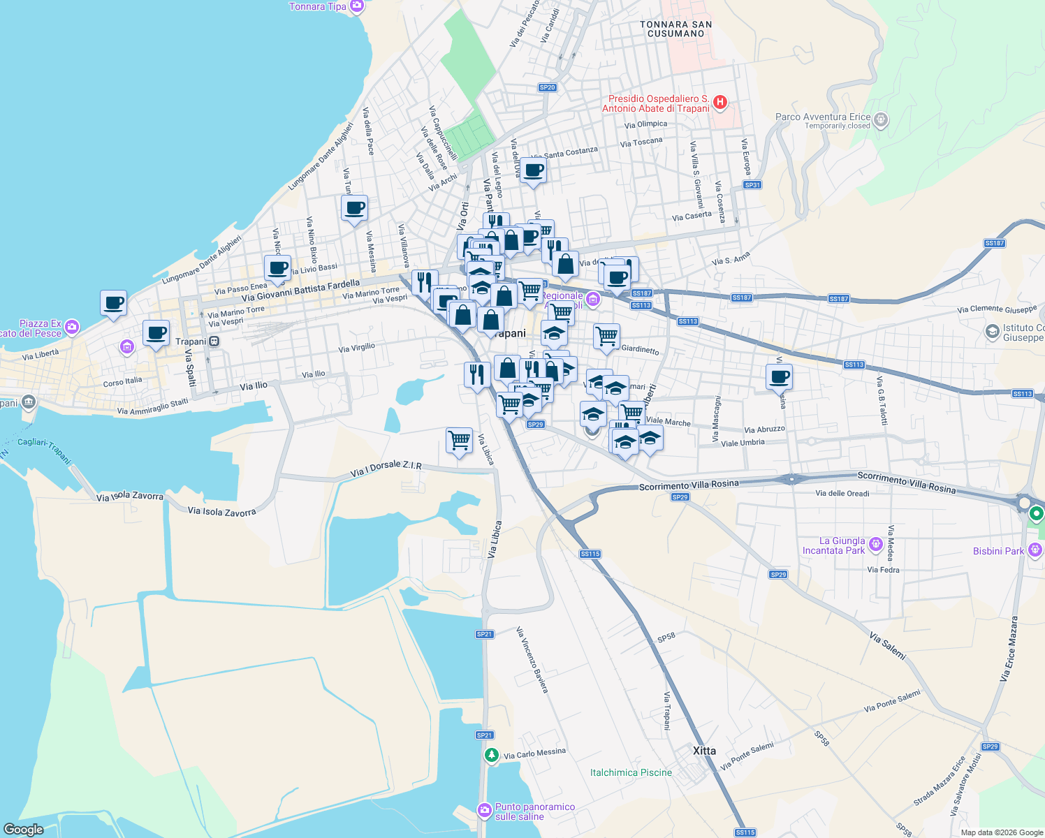 map of restaurants, bars, coffee shops, grocery stores, and more near 26 Via San Lorenzo in Trapani