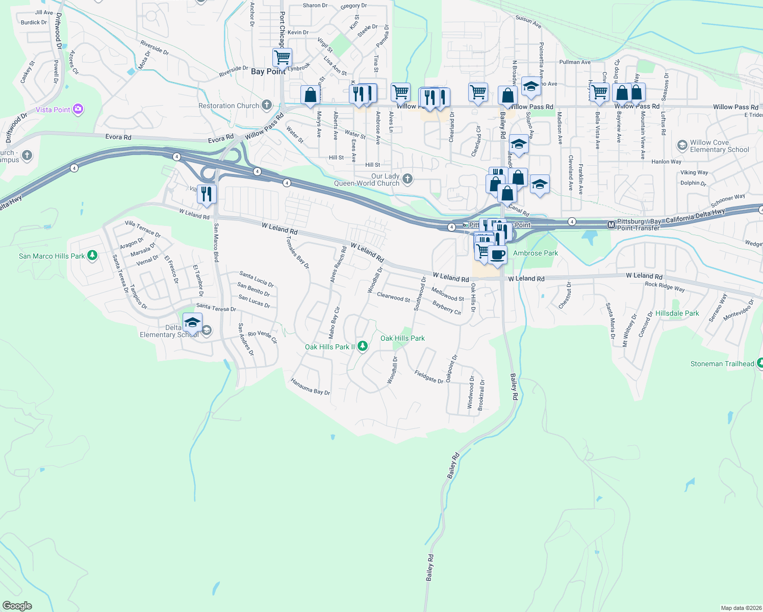 map of restaurants, bars, coffee shops, grocery stores, and more near 17 Burlwood Court in Pittsburg