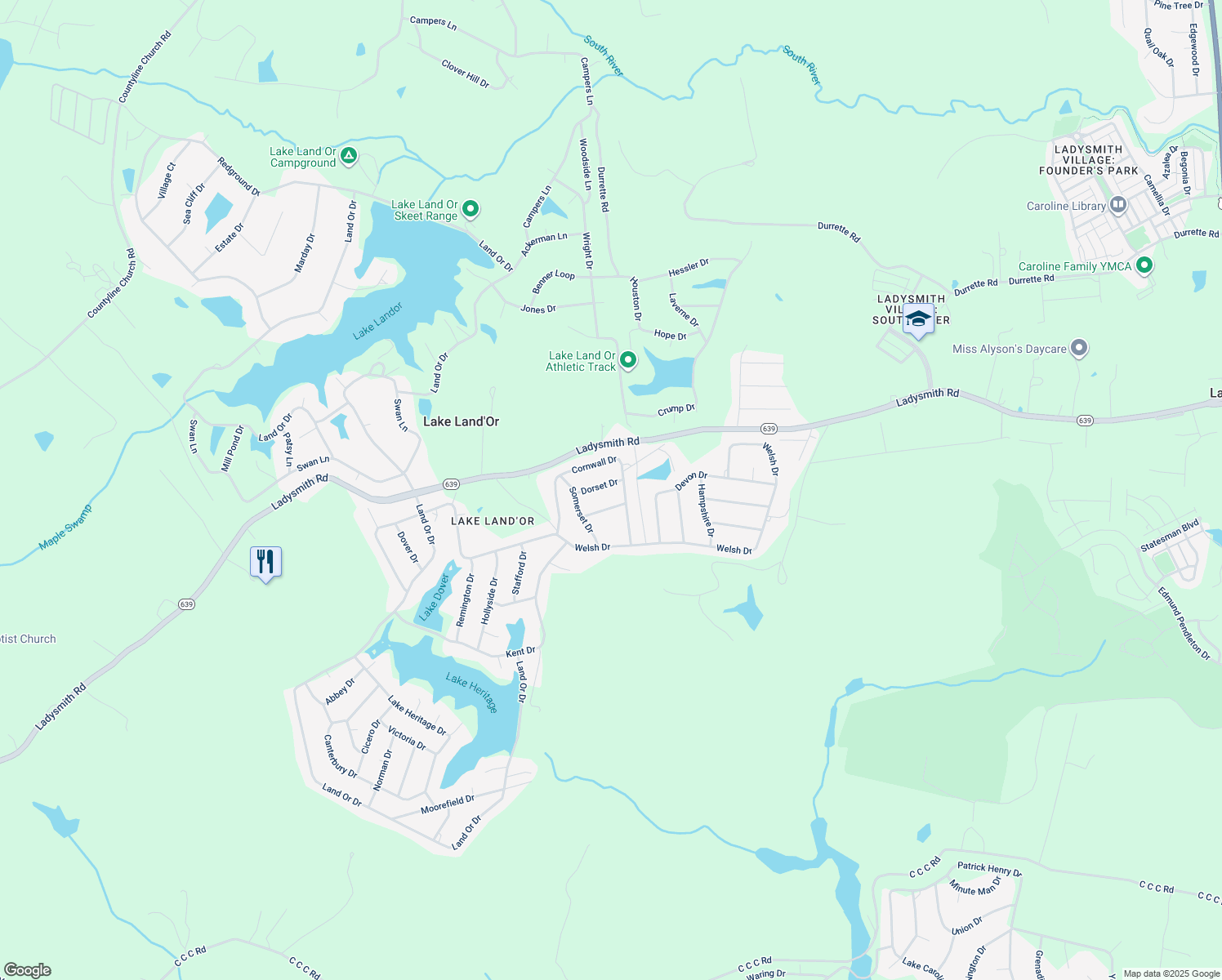 map of restaurants, bars, coffee shops, grocery stores, and more near 432 Dorset Drive in Ruther Glen