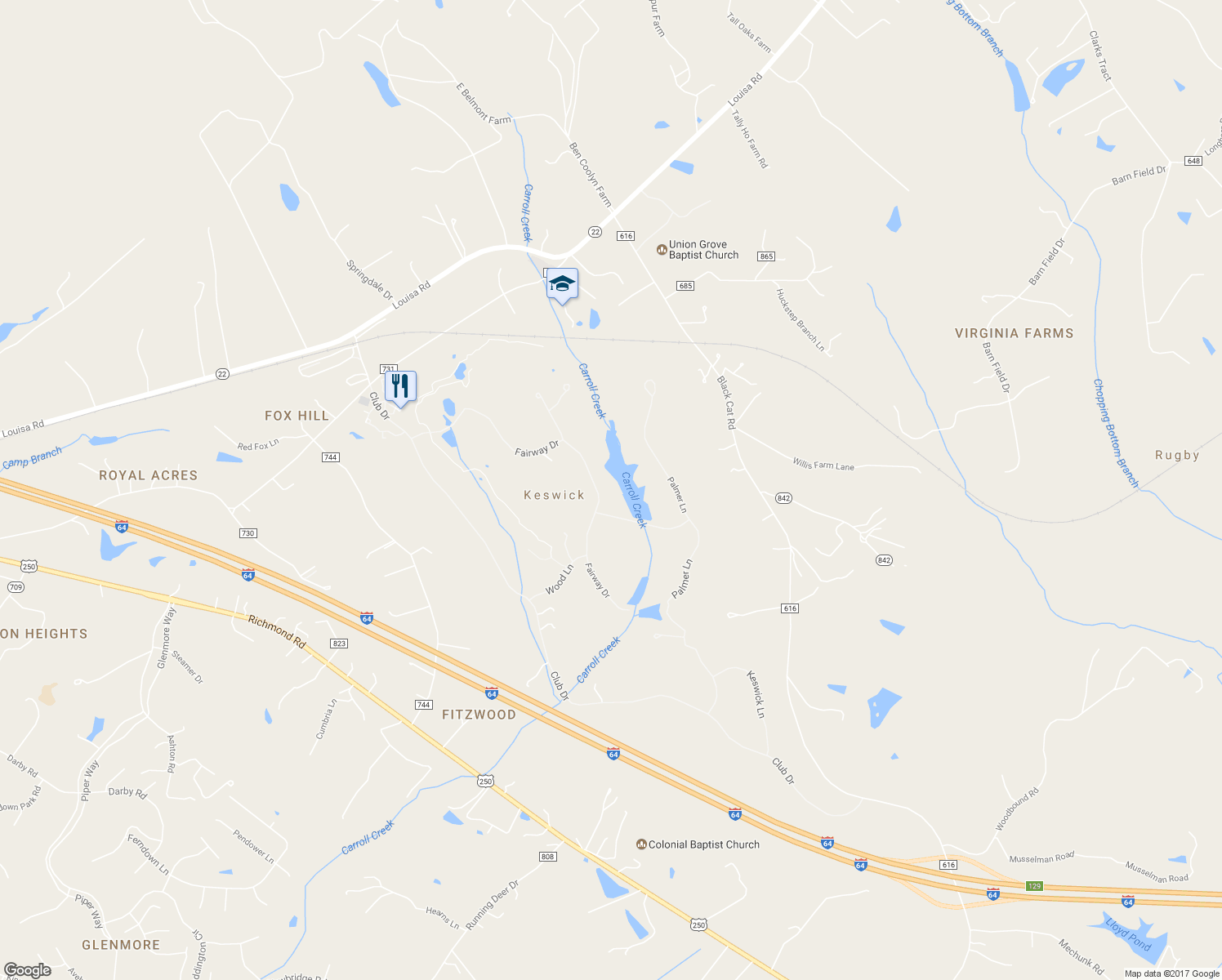 map of restaurants, bars, coffee shops, grocery stores, and more near 4040 Fairway Drive in Keswick