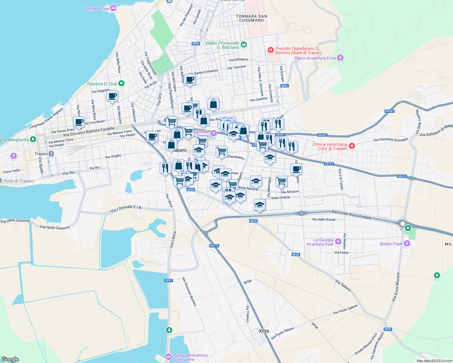 map of restaurants, bars, coffee shops, grocery stores, and more near 100 Via Michele Amari in Trapani