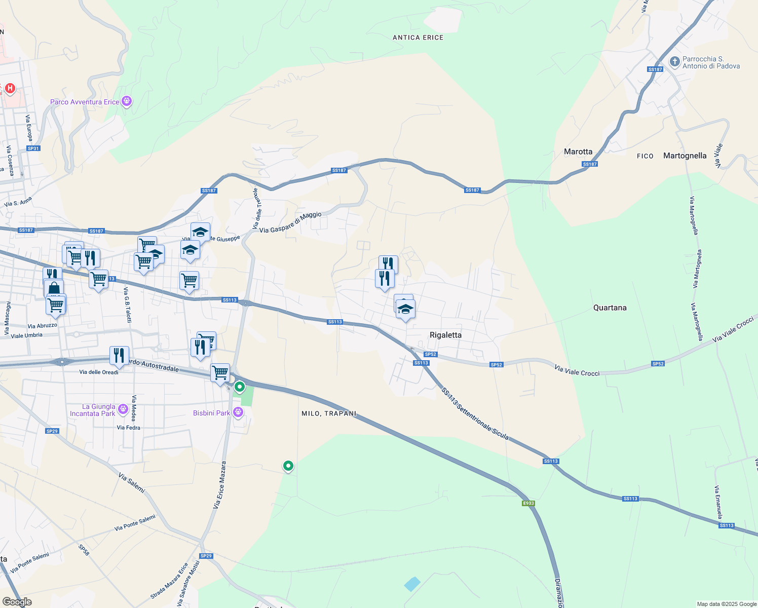 map of restaurants, bars, coffee shops, grocery stores, and more near 14 Via dei Lillà in Rigaletta
