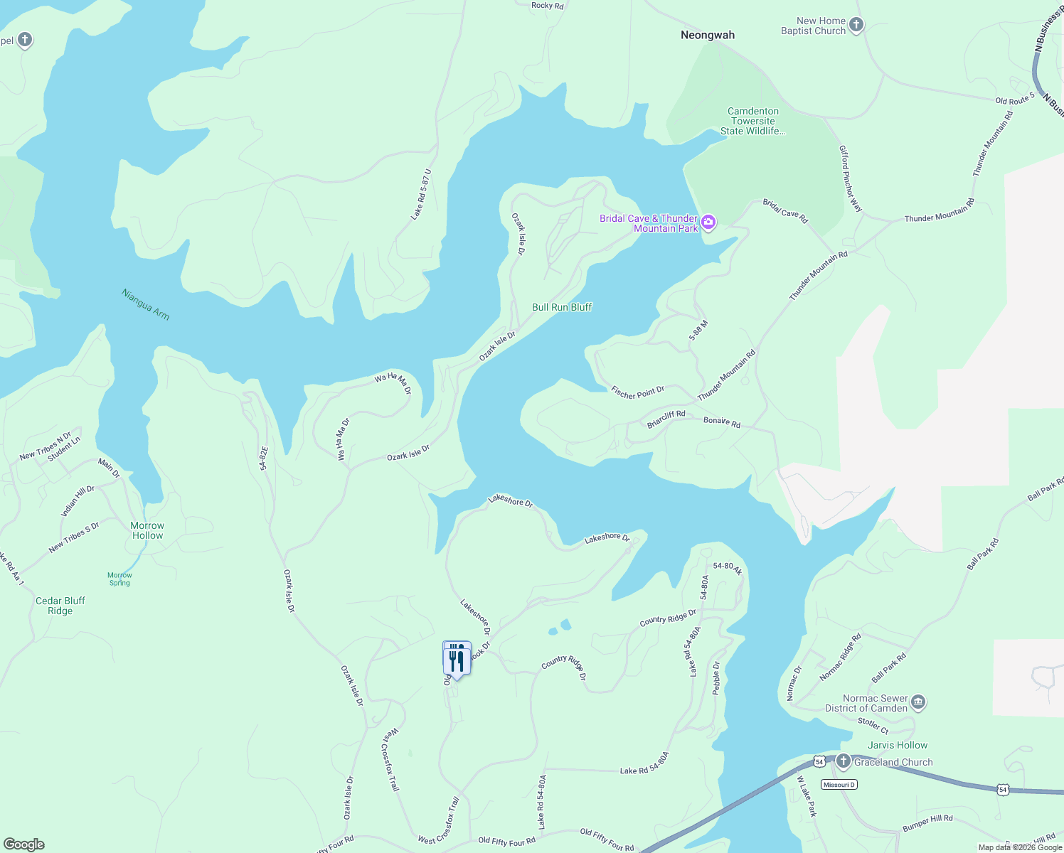 map of restaurants, bars, coffee shops, grocery stores, and more near Lake Road 5-88 P in Camdenton