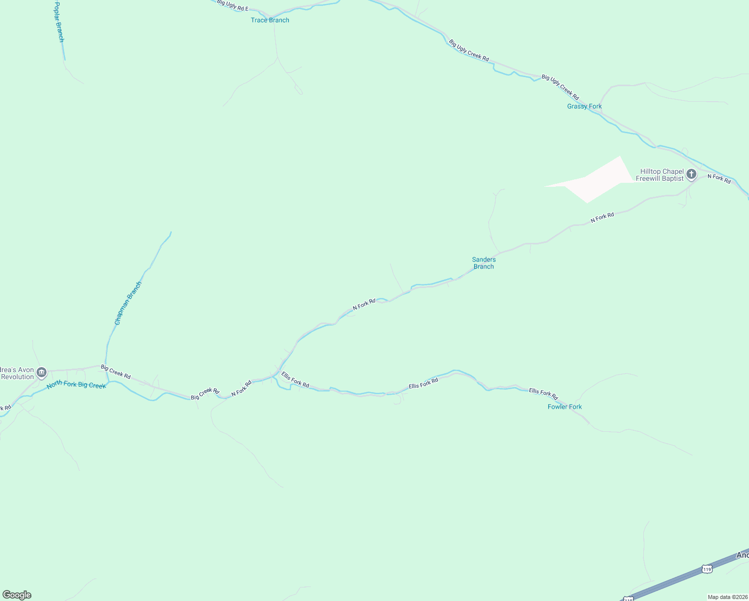 map of restaurants, bars, coffee shops, grocery stores, and more near North Fork Road in Chapmanville
