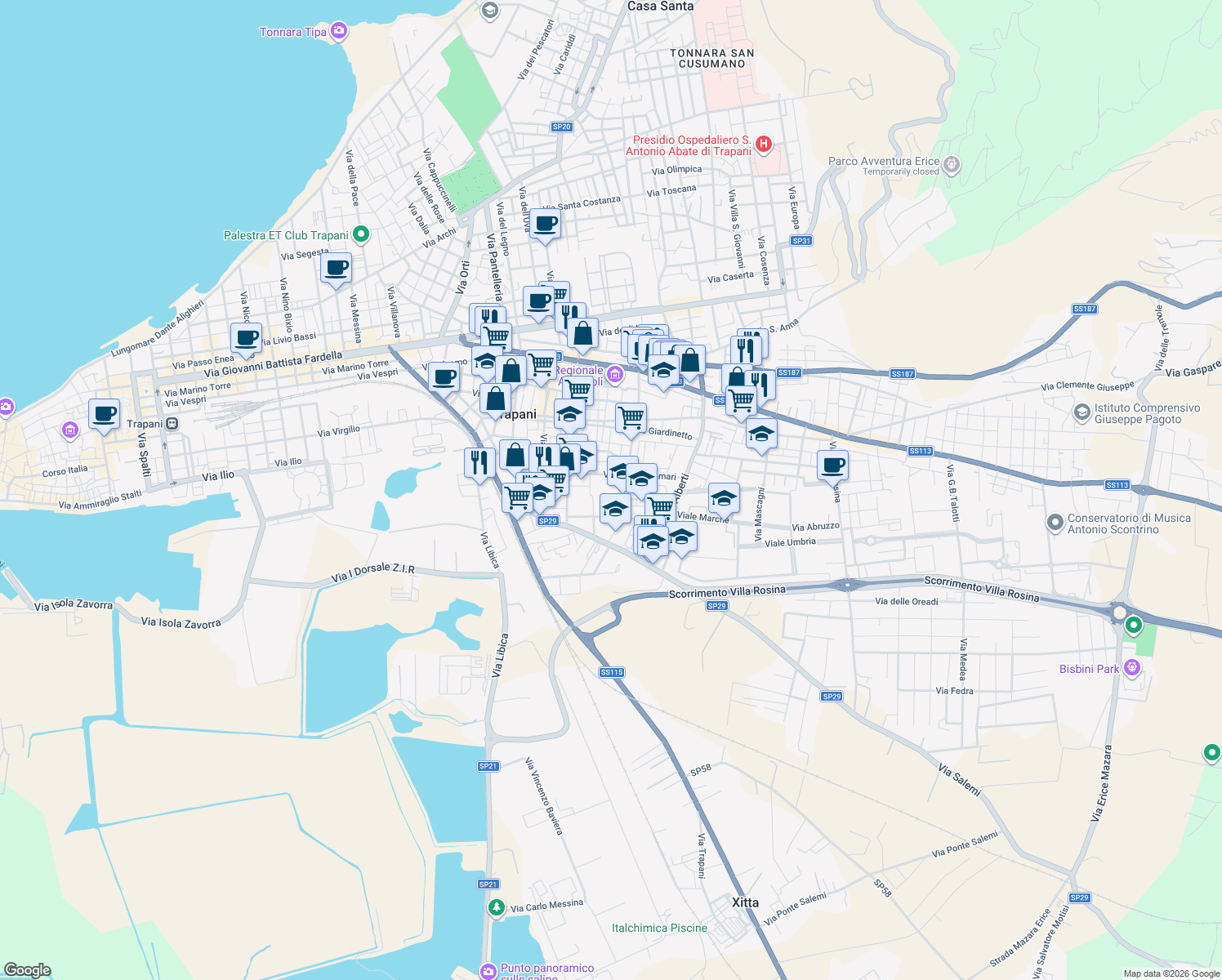 map of restaurants, bars, coffee shops, grocery stores, and more near 8 Via Terenzio in Trapani