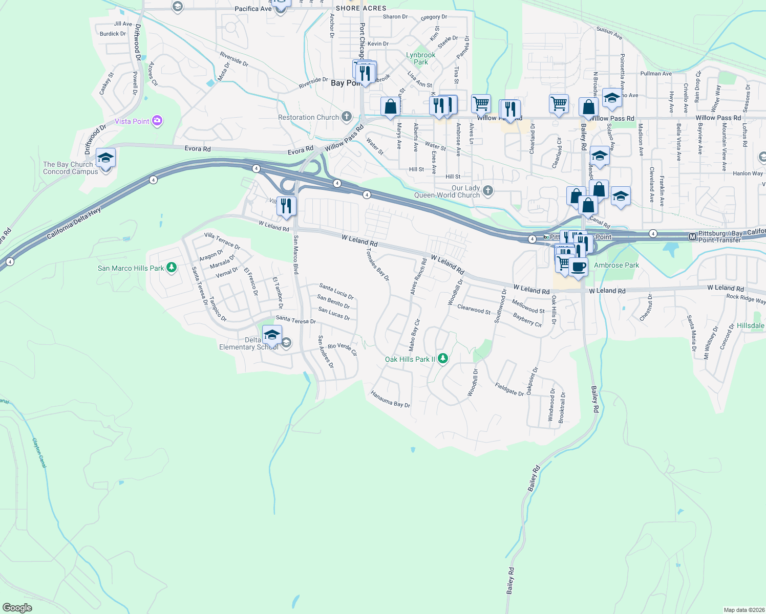 map of restaurants, bars, coffee shops, grocery stores, and more near 2504 Tomales Bay Drive in Bay Point