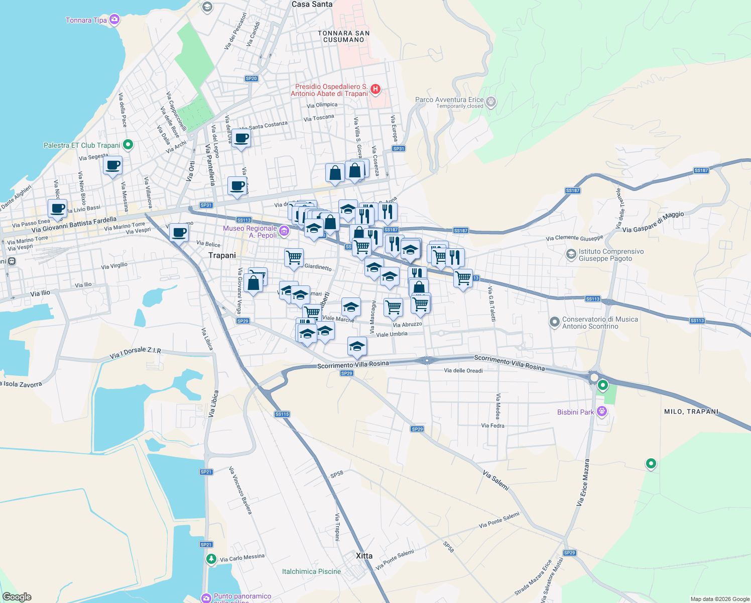 map of restaurants, bars, coffee shops, grocery stores, and more near 19 Via Emilia Romagna in Trapani