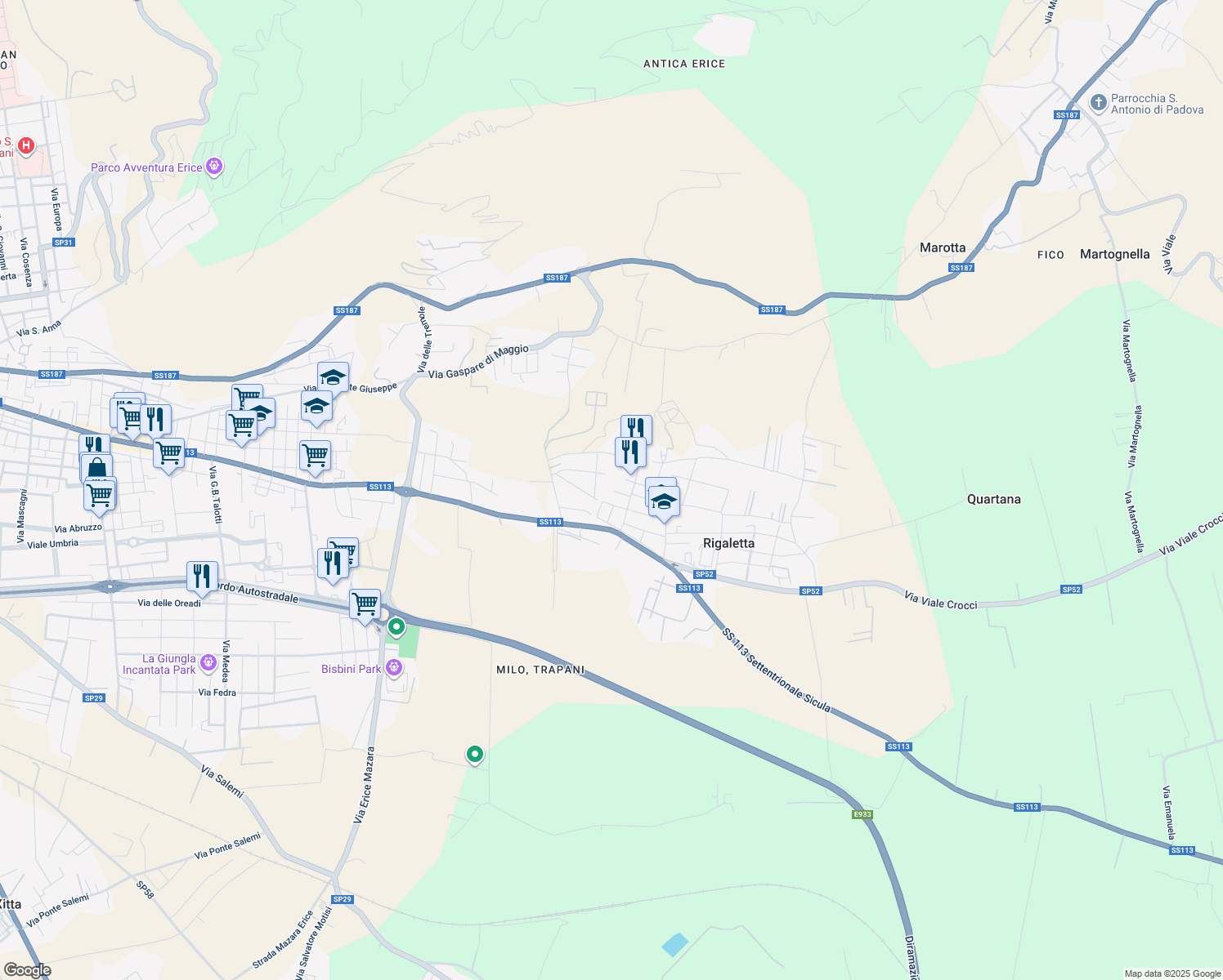 map of restaurants, bars, coffee shops, grocery stores, and more near 14 Via dei Lillà in Rigaletta