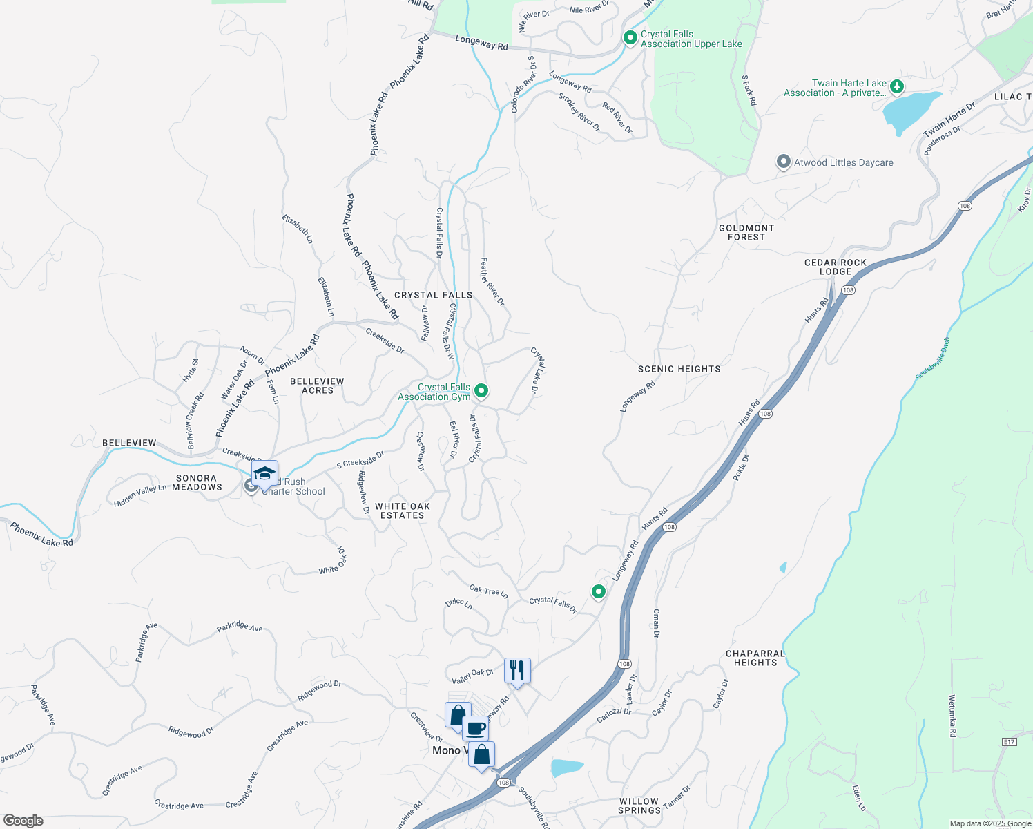 map of restaurants, bars, coffee shops, grocery stores, and more near 21656 Crystal Lake Dr in Sonora