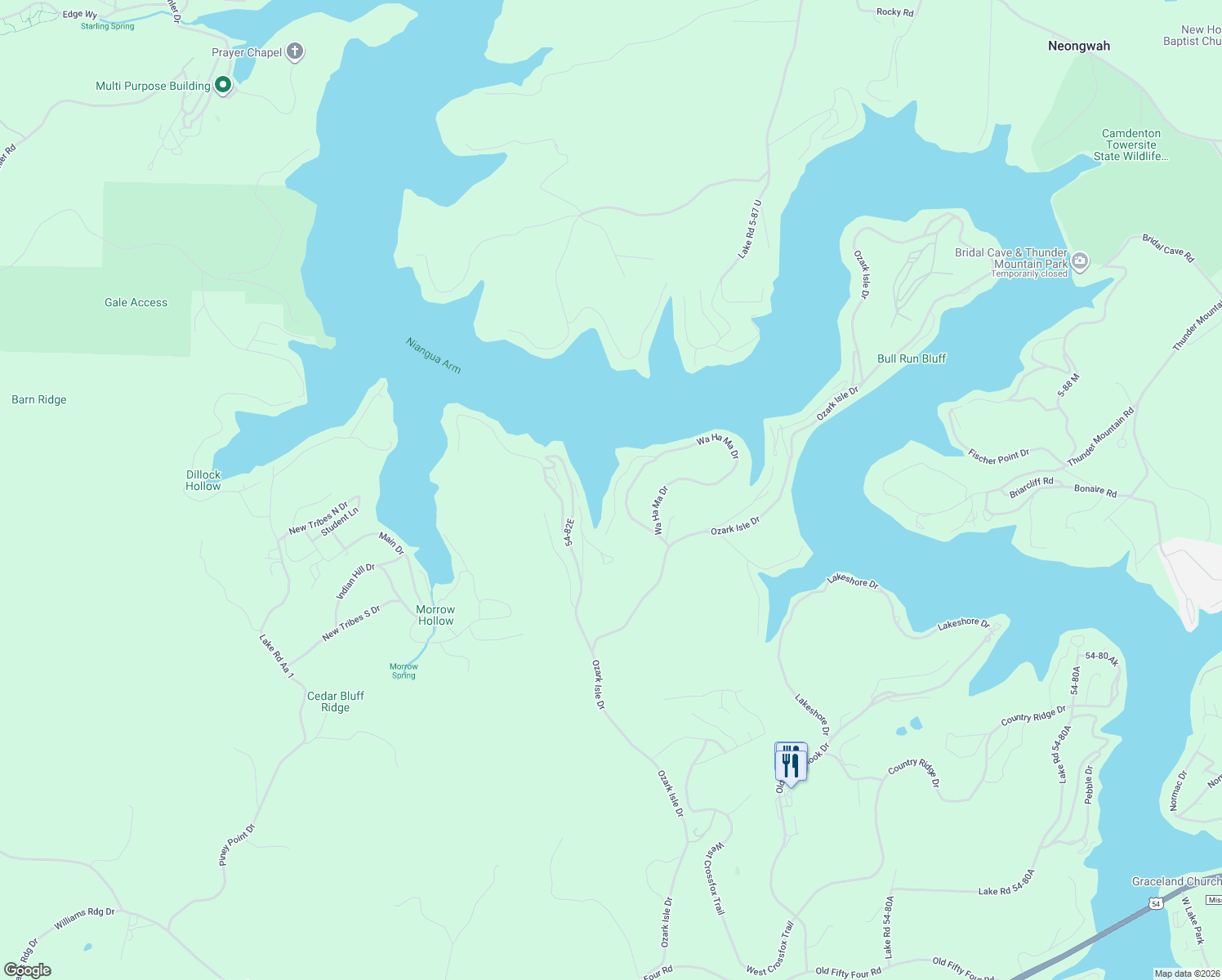 map of restaurants, bars, coffee shops, grocery stores, and more near 2-198 Wa Ha Ma Court in Camdenton